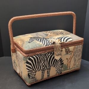 VGT, Sewing Basket Features A Safari Themed Animal Print Tapestry ,Woven Handle.